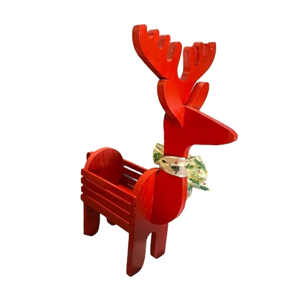 Handcrafted Red Reindeer Holiday Decoration Container No Flaws 18x18x6”